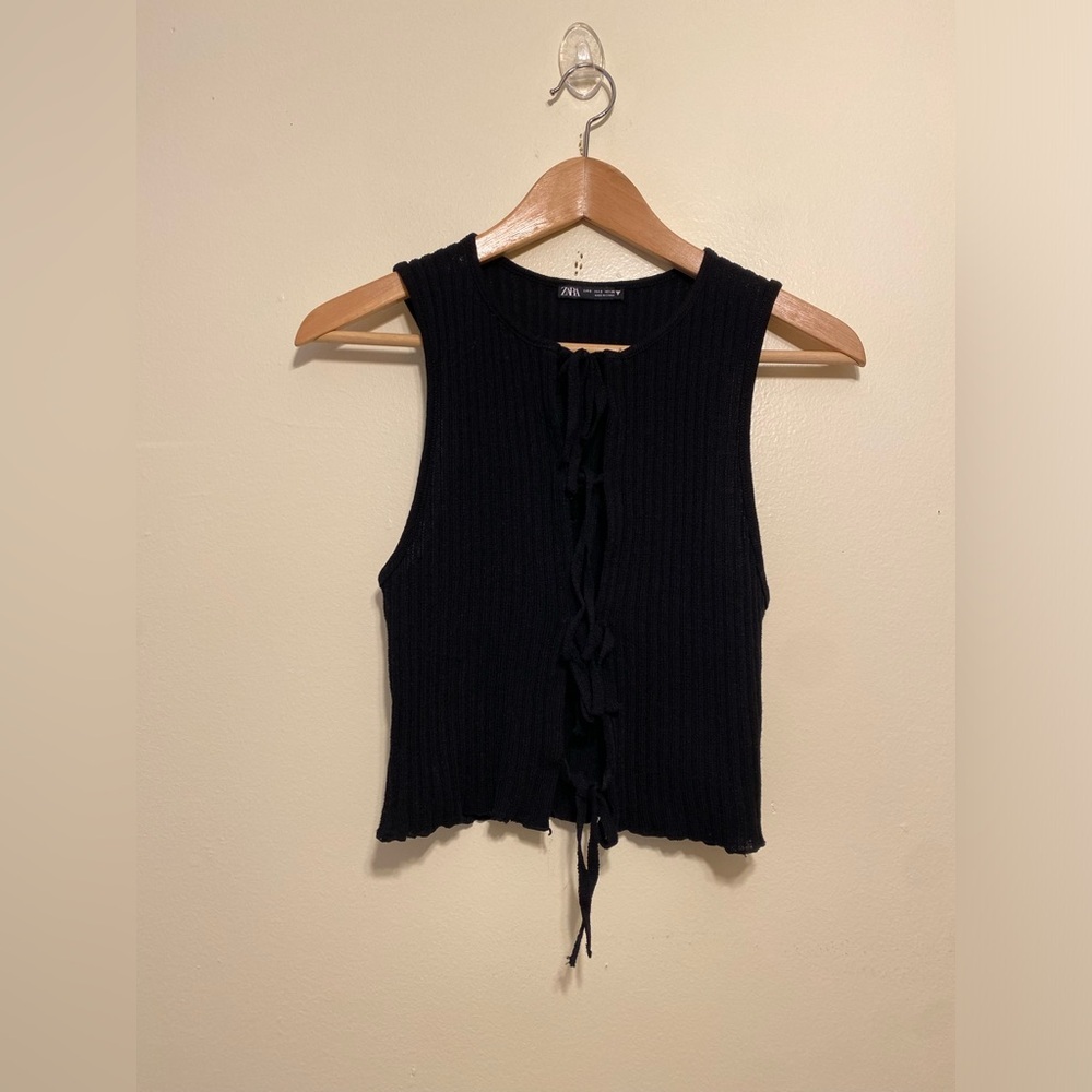 Zara Black Ribbed Tie-Front Tank. Size S . Style 7901/841/800